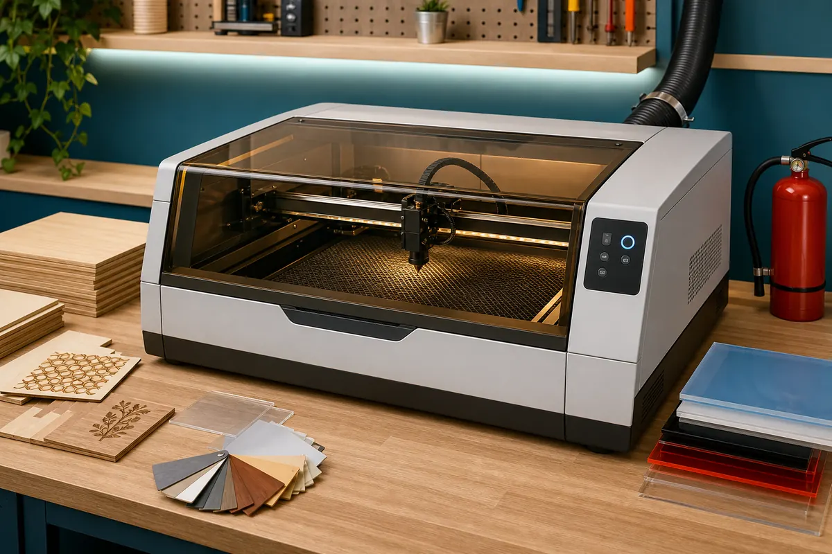 A desktop laser engraver cutting a wooden panel