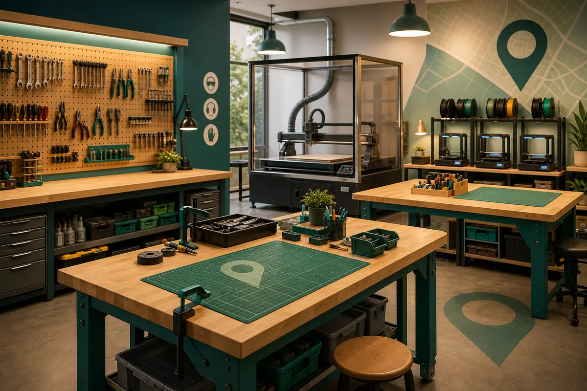 Workbenches and shared equipment inside a community makerspace