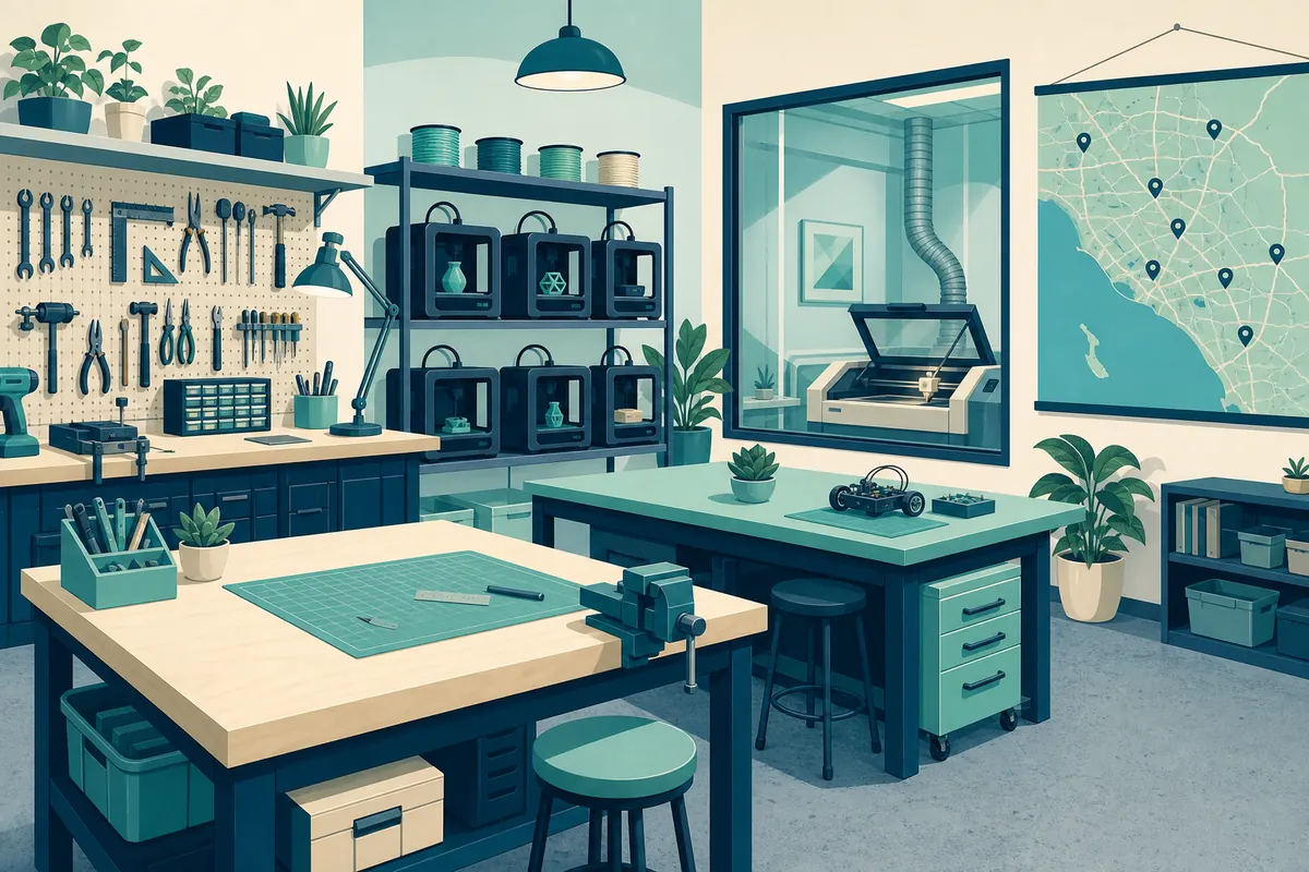 A shared makerspace workshop with workbenches and tools