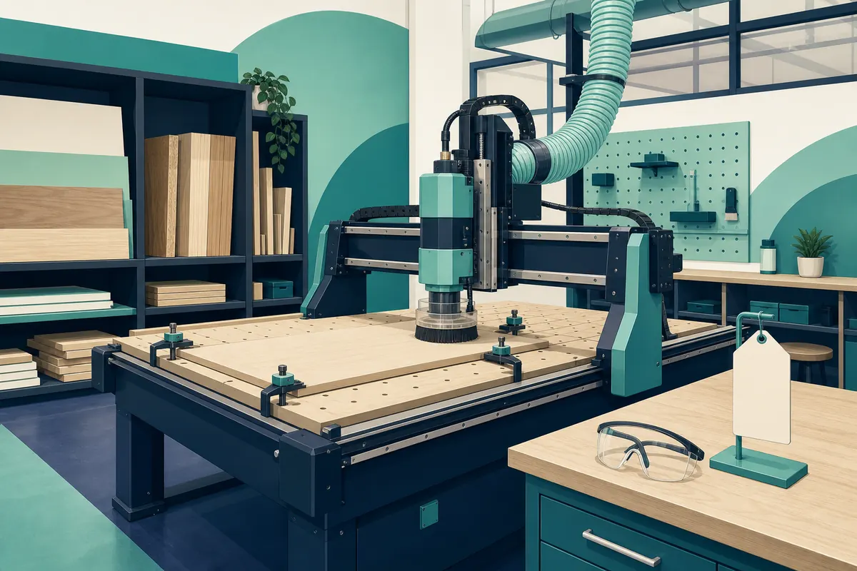 A CNC router carving a sheet of plywood in a shared shop
